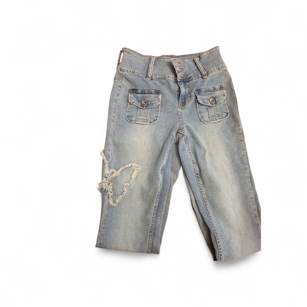 Hot Topic Light Blue Boyfriend Cargo Jeans with Heart Patch Y2k - Picture 3 of 5